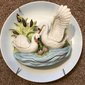 Vintage Art Wall  Decor Plate white Swans Couple Lover by Jonathon Byron 1989